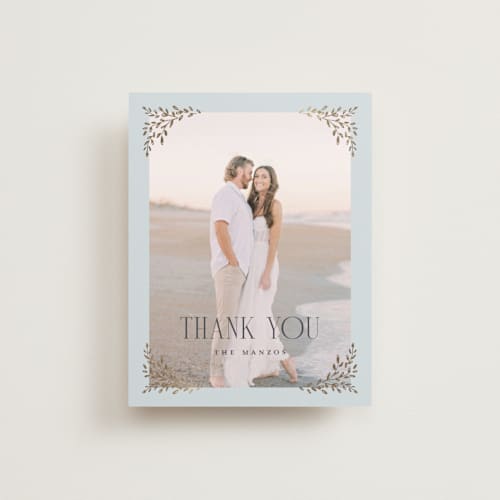 This is a mist wedding thank you cards with foil pressed by Laura Hankins called enchanted printing on recycled smooth signature in standard