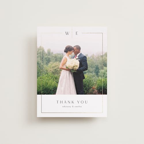 This is a silk wedding thank you cards with foil pressed by Kelly Schmidt called arcadia printing on recycled smooth signature in standard