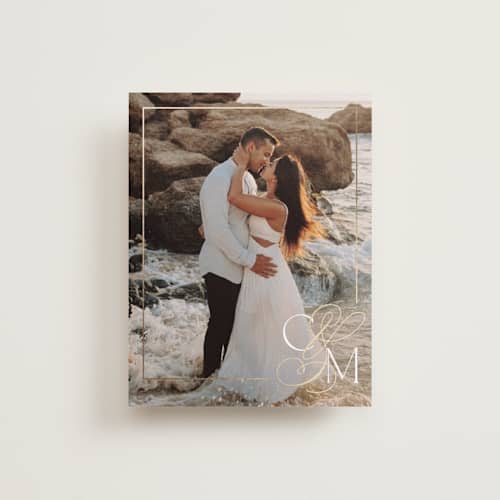 This is a silk wedding thank you cards with foil pressed by Kelly Schmidt called golden ampersand printing on recycled smooth signature in standard