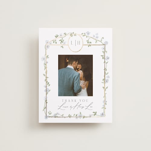 This is a blue bell wedding thank you cards with foil pressed by Everett Paper Goods called portico printing on recycled smooth signature in standard