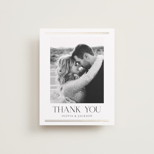This is a spun sugar wedding thank you cards with foil pressed by Jessica Williams called fineline printing on recycled smooth signature in standard