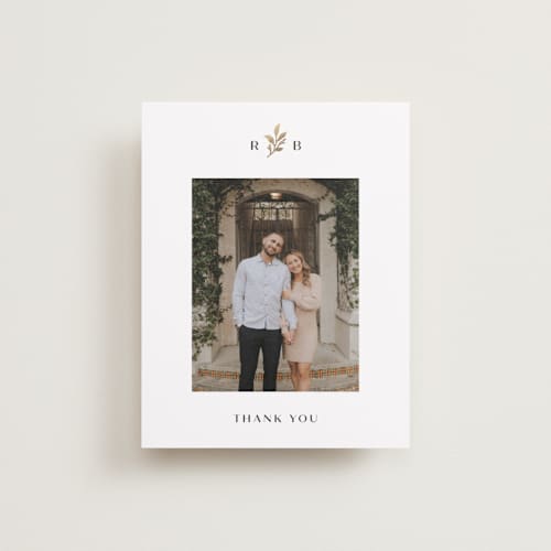 This is a black dahlia wedding thank you cards with foil pressed by Olivia Raufman called petite sprig printing on recycled smooth signature in standard