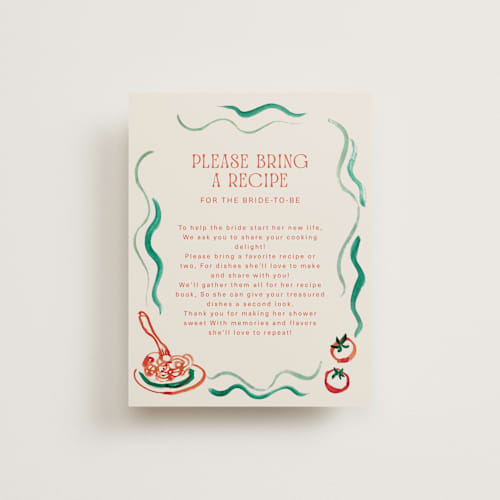 This is a tomato bridal shower insert cards with standard by Cass Loh called amore e cibo printing on signature in standard