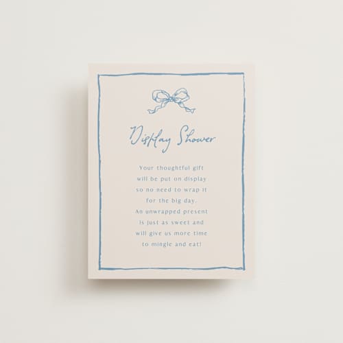 This is a dusty blue bridal shower insert cards with standard by Cass Loh called ribbon bow drawing printing on signature in standard