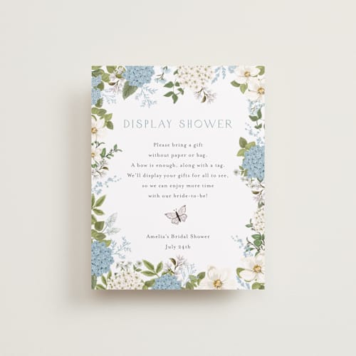 This is a periwinkle bridal shower insert cards with standard by Susan Moyal called garden love printing on signature in standard
