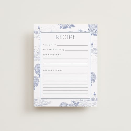 This is a periwinkle bridal shower insert cards with standard by Jenna Holcomb called coastal toile printing on signature in standard