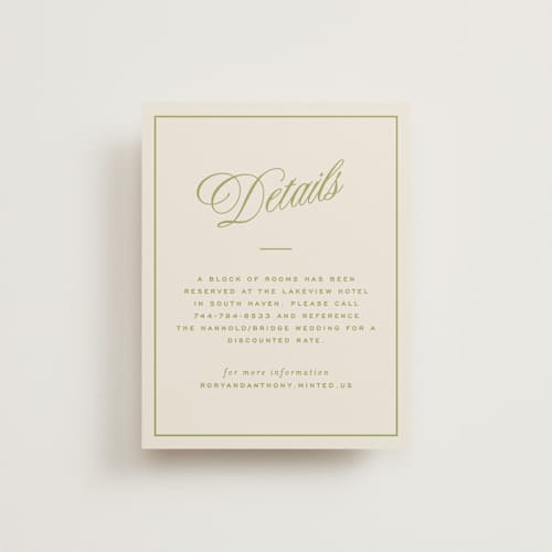 This is a olive enclosure cards with standard by Ellen Schlegelmilch called rory printing on signature in standard