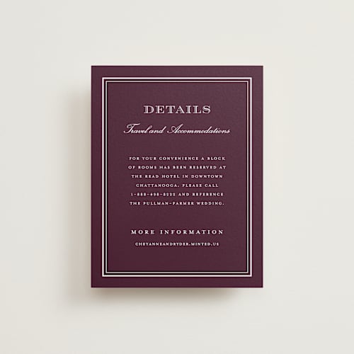 This is a burgundy enclosure cards with standard by Stacey Meacham called engraved names printing on signature in standard