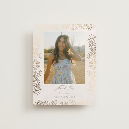 This is a cream graduation thank you cards with foil pressed by Nicoletta Savod called quinceañera elegance printing on signature in standard