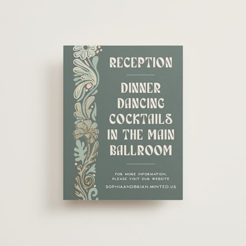 This is a sage foil stamped wedding invitations with foil pressed by GeekInk Design called nouveau frame printing on signature in standard