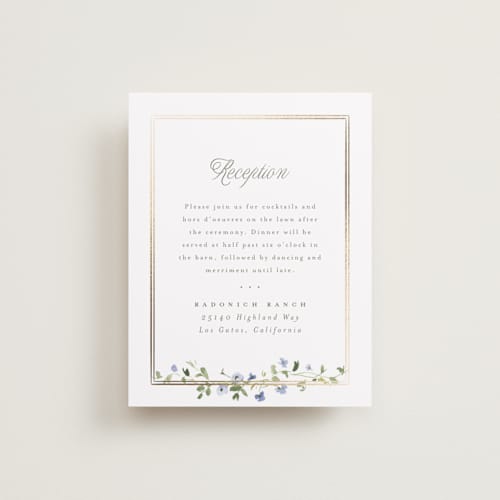 This is a bluebell foil stamped wedding invitations with foil pressed by Everett Paper Goods called flowering vine printing on signature in standard