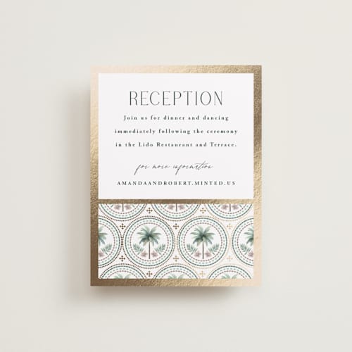 This is a sand foil stamped wedding invitations with foil pressed by Maria Alou called vintage palms printing on signature in standard