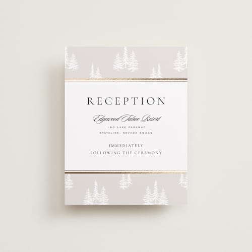 This is a snow foil stamped wedding invitations with foil pressed by Stacy Maalouf called gilded forest printing on signature in standard