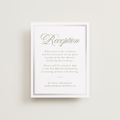 This is a olive foil stamped wedding invitations with foil pressed by Ellen Schlegelmilch called museo printing on signature in standard