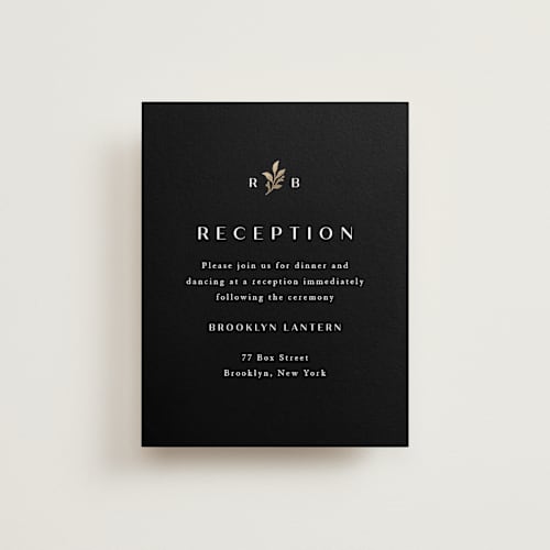 This is a black dahlia foil stamped wedding invitations with foil pressed by Olivia Raufman called petite sprig printing on signature in standard