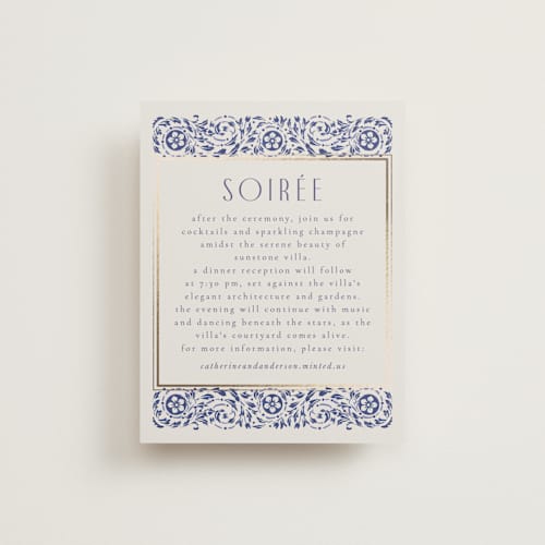 This is a dynasty blue foil stamped wedding invitations with foil pressed by Ana de Sousa called tiled romance printing on signature in standard