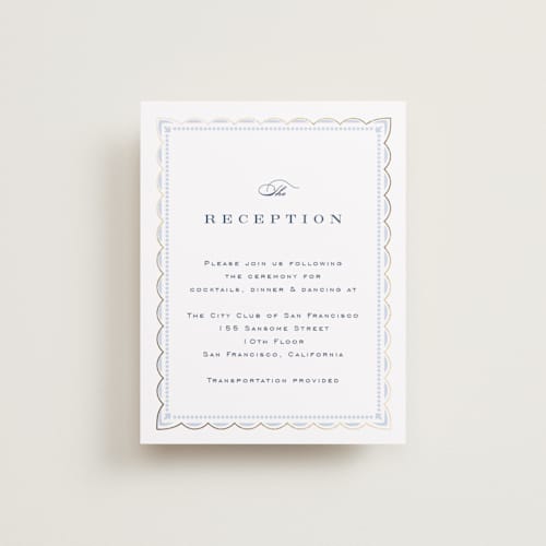 This is a dusty blue foil stamped wedding invitations with foil pressed by Janean Hinger called aurelia printing on signature in standard