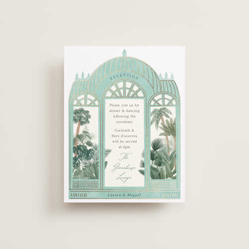 This is a seagreen foil stamped wedding invitations with foil pressed by Elly called the greenhouse printing on signature in standard