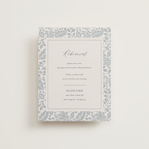 This is a dusty blue reception cards with standard by Jen Owens called embroidered printing on signature in standard