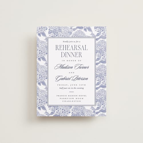 This is a periwinkle reception cards with standard by Jenna Holcomb called southern charm toile printing on signature in standard