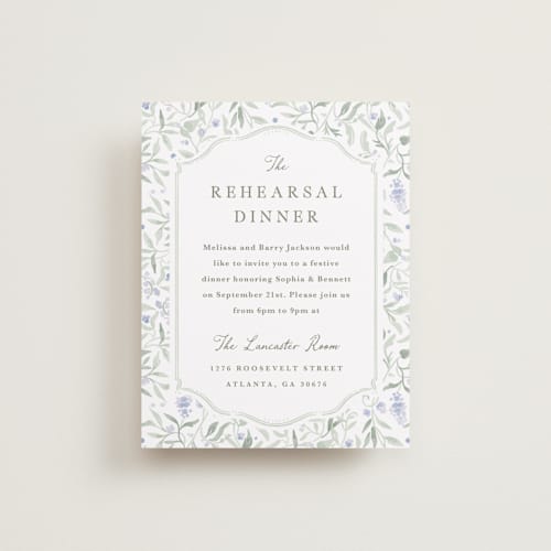 This is a periwinkle reception cards with standard by Kristen Smith called delicate vines printing on signature in standard