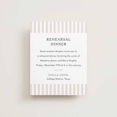 This is a latte reception cards with standard by First Rodeo Design called classic stripe printing on signature in standard