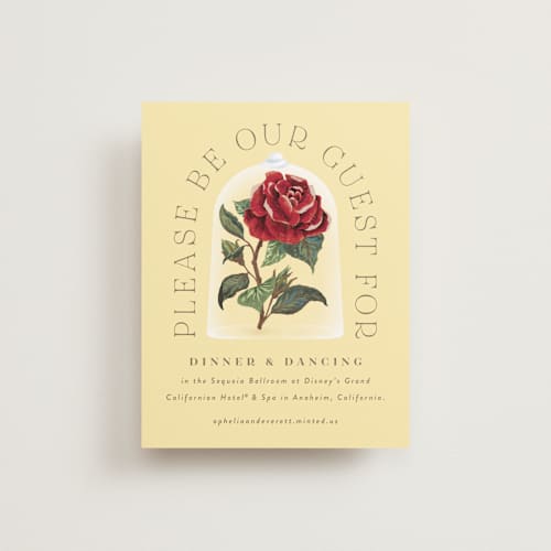 This is a mimosa reception cards with standard by Leah Bisch called enchanted rose from disney's beauty & the beast printing on signature in standard