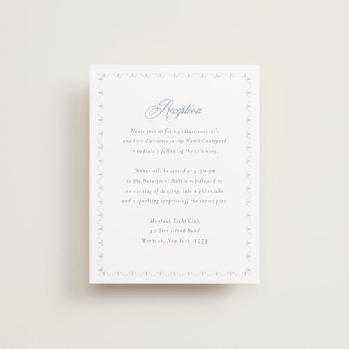 This is a dusty blue reception cards with standard by Jennifer Postorino called coastal charm printing on signature in standard