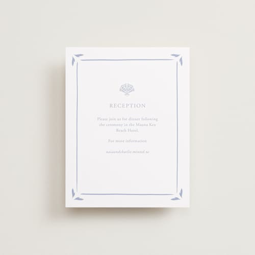 This is a pale cerulean reception cards with standard by Sabrin Deirani called ocean dreams printing on signature in standard