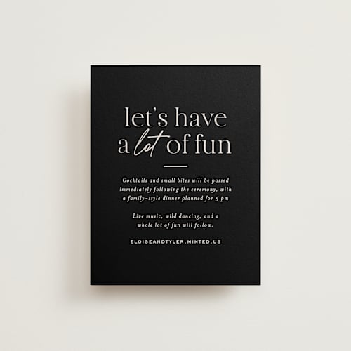 This is a noir reception cards with standard by Jessica Corliss called little party big love printing on signature in standard