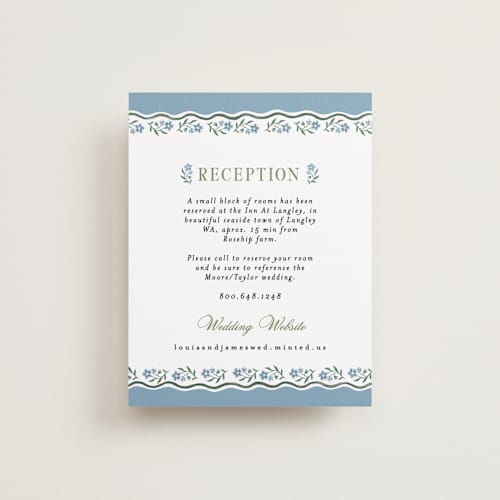 This is a periwinkle reception cards with standard by Alethea and Ruth called sweet vintage printing on signature in standard