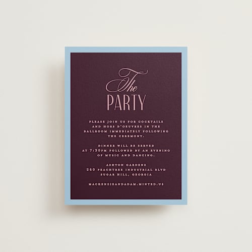This is a plum reception cards with standard by Owl and Toad called sophisticate printing on signature in standard