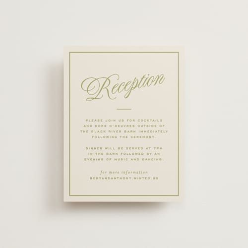 This is a olive reception cards with standard by Ellen Schlegelmilch called rory printing on signature in standard