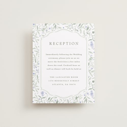 This is a periwinkle reception cards with standard by Kristen Smith called delicate vines printing on signature in standard