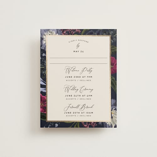 This is a jewel rsvp cards with foil pressed by Susan Moyal called after midnight printing on signature in standard
