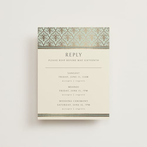 This is a aqua rsvp cards with foil pressed by Pati Cascino called aatreya printing on signature in standard