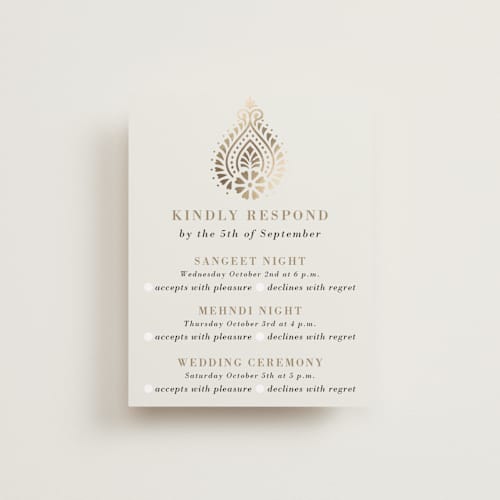 This is a champagne rsvp cards with foil pressed by Oma N. Ramkhelawan called henna stamp printing on signature in standard