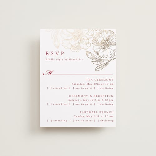 This is a ruby rsvp cards with foil pressed by Janean Hinger called double peony printing on signature in standard