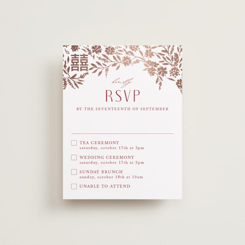 This is a ruby rsvp cards with foil pressed by Yaling Hou Suzuki called garden vines printing on signature in standard