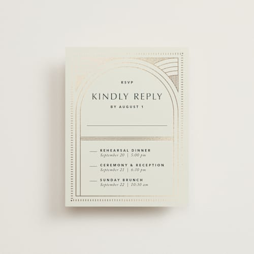 This is a fir rsvp cards with foil pressed by Kindred Fields called deco arch printing on signature in standard