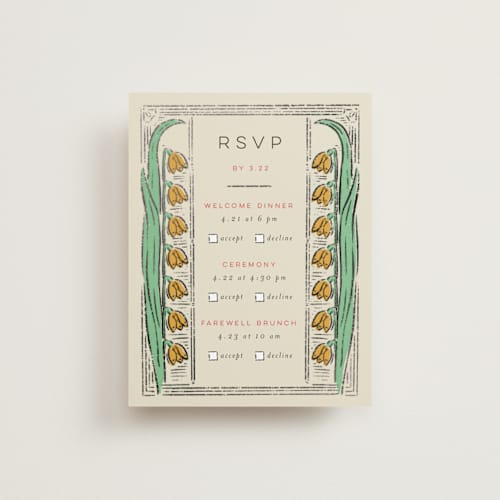 This is a birch rsvp cards with foil pressed by Shiny Penny Studio called deco spring florals printing on signature in standard