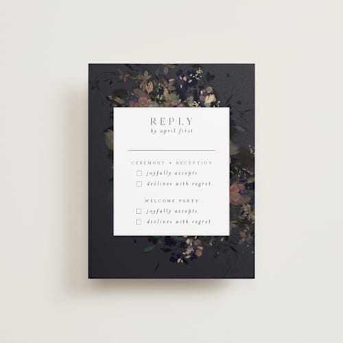 This is a midnight rsvp cards with foil pressed by Grace Kreinbrink called vintage rose garden printing on signature in standard
