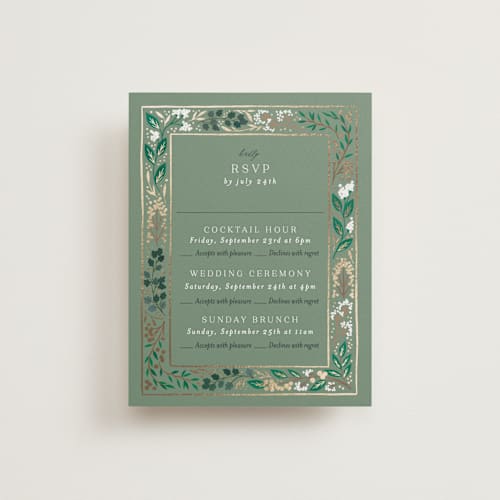 This is a evergreen rsvp cards with foil pressed by Alethea and Ruth called illuminated storybook printing on signature in standard