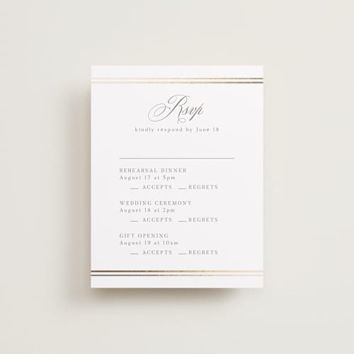 This is a pearl rsvp cards with foil pressed by Nicole Walsh called classic elegance printing on signature in standard