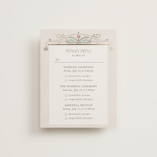 This is a ivory rsvp cards with foil pressed by Maria Hilas-Louie called ornate elegance printing on signature in standard