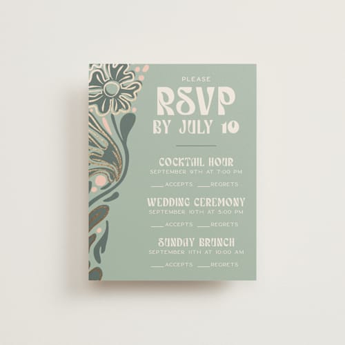 This is a sage rsvp cards with foil pressed by GeekInk Design called nouveau frame printing on signature in standard