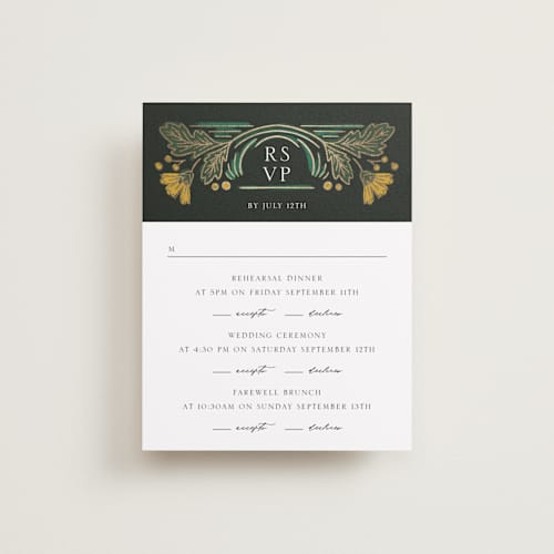 This is a buttercup rsvp cards with foil pressed by Jen Owens called embellished printing on signature in standard