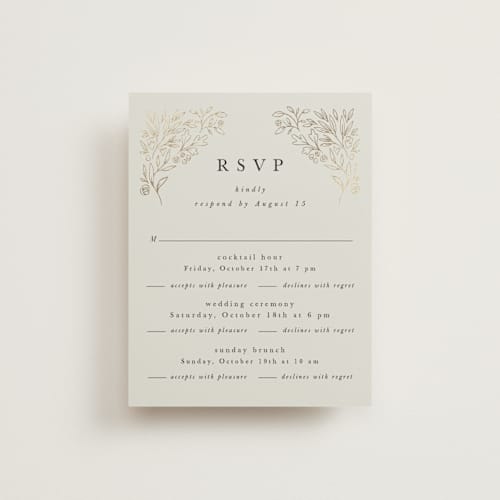 This is a taupe rsvp cards with foil pressed by Hannah Williams called foil botanical frame printing on signature in standard