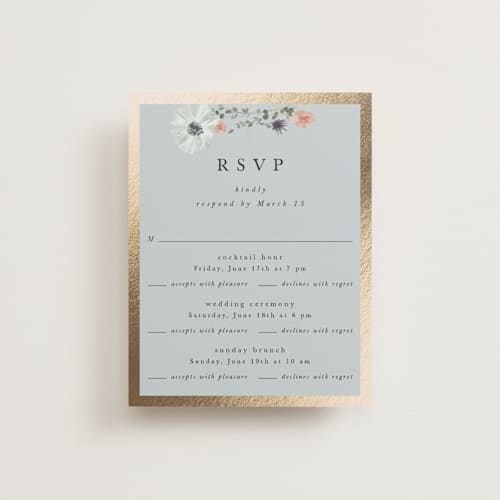 This is a mist rsvp cards with foil pressed by Hannah Williams called blue garden printing on signature in standard