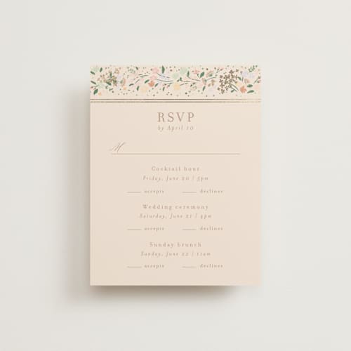 This is a ivory rsvp cards with foil pressed by Jennifer Wick called esther's garden printing on signature in standard